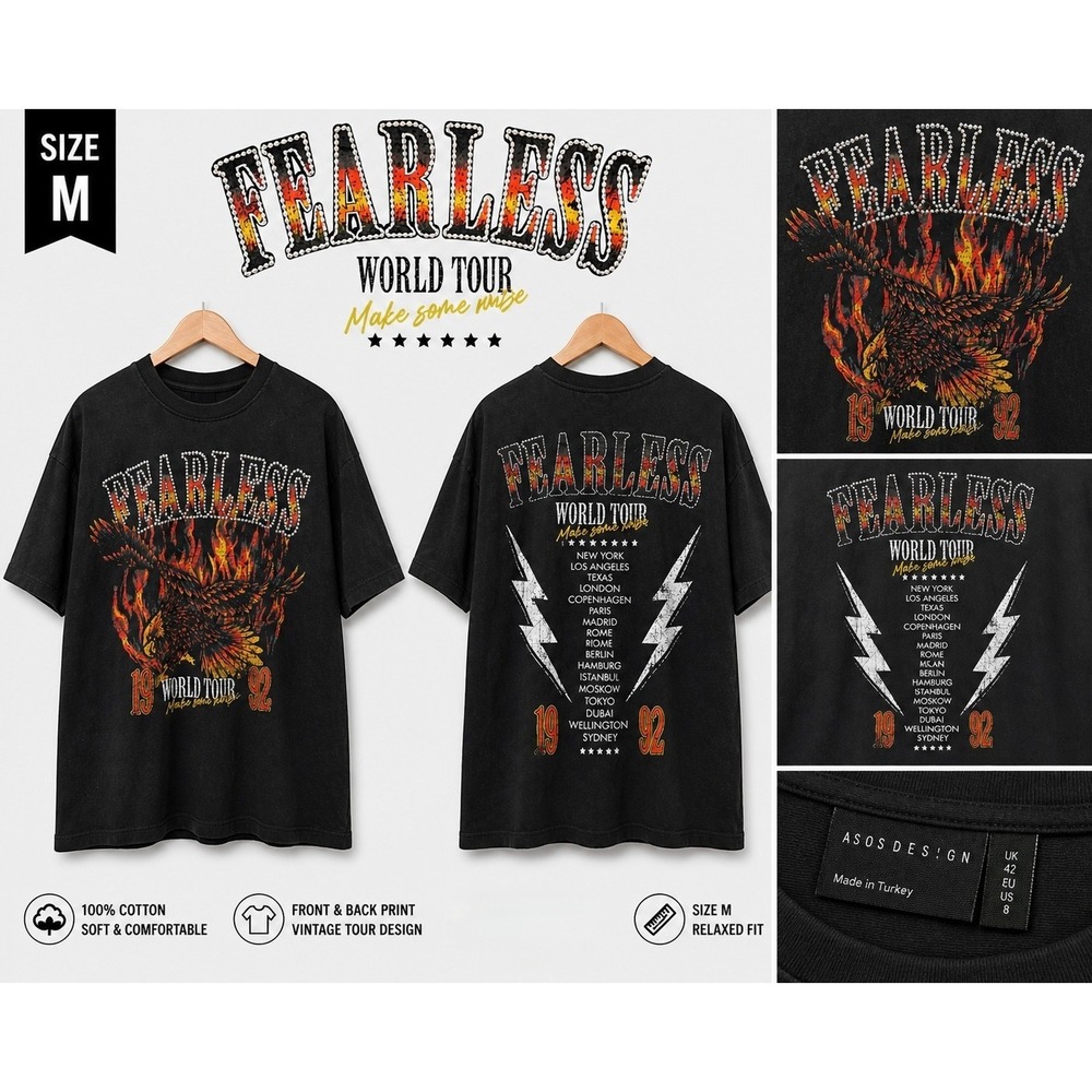 Fearless World Tour Graphic T-Shirt Women's Medium Black Eagle Band Tee - Picture 1 of 7